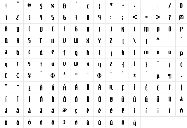 Ultranova Bold  glyph index