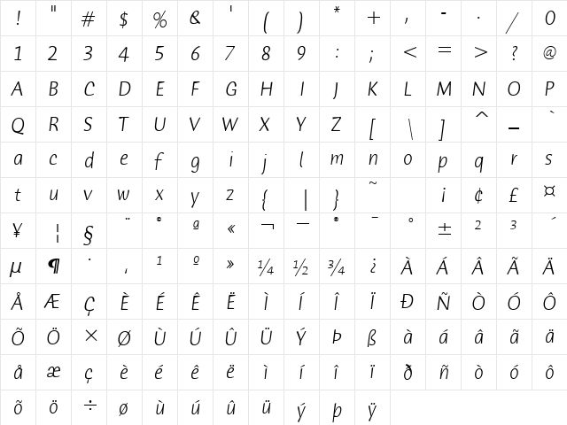 Humana Sans ITC TT LightItalic  glyph index