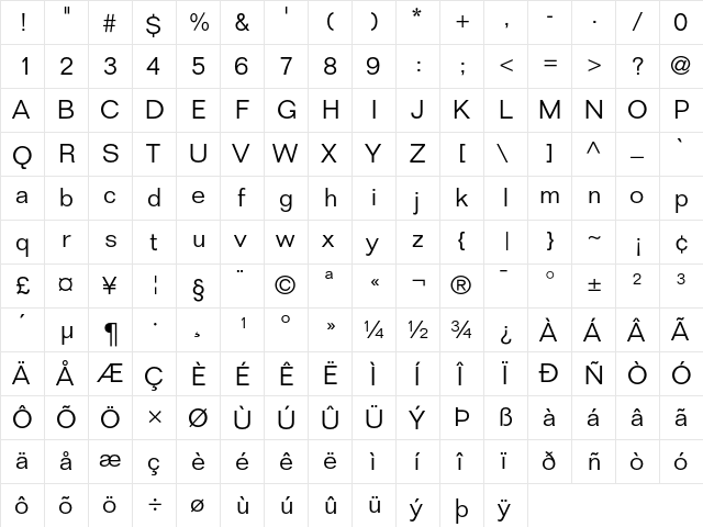 Folio Light  glyph index