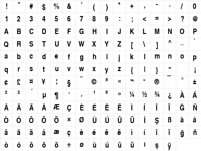 NimbusSanLTUCon Bold  glyph index