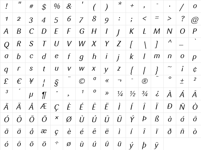 Sari Italic  glyph index