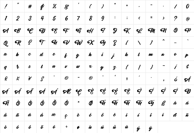 Oatlander Regular  glyph index