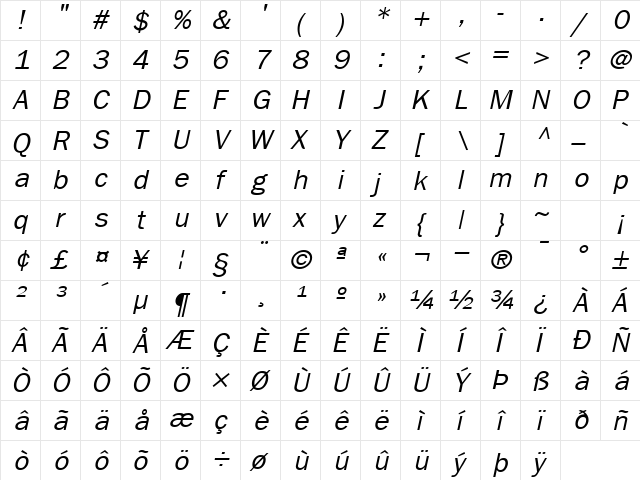 LibraryGothic Italic  glyph index