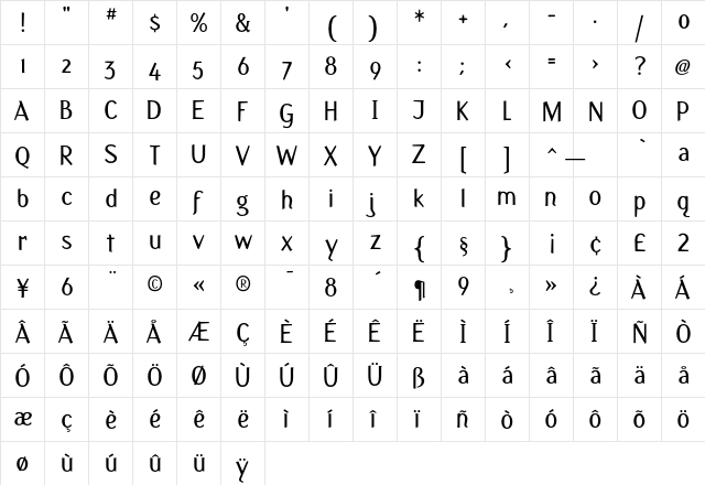 Fasciani-Senza Regular  glyph index