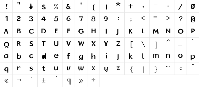 BorzoiBold Regular  glyph index