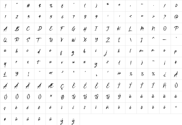 Vasttag Brush Regular  glyph index