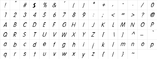 Vogue-Italic Regular  glyph index