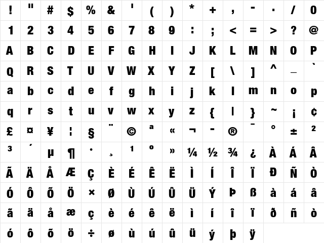 Helvetica Neue 97 Black Condensed  glyph index