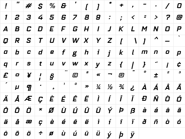 Quarca Ext Bold Italic  glyph index