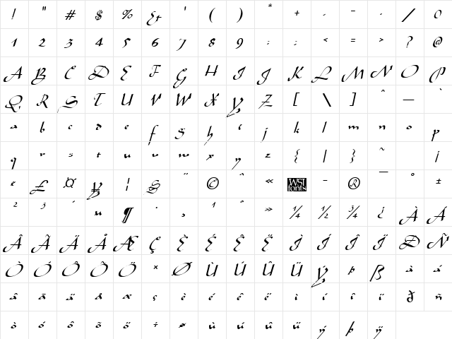 Aladdin Italic  glyph index