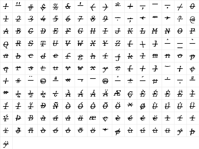 JMH Typewriter mono Over Italic  glyph index