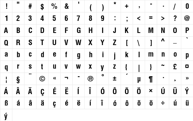 Helvetica CE Bold Condensed  glyph index