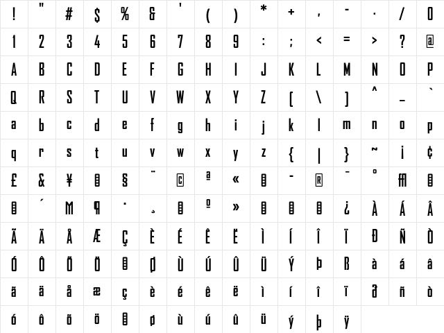 AgencyFBCnd Bold  glyph index