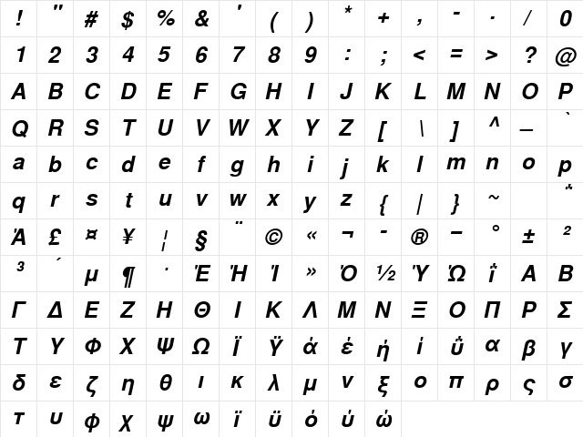 NimbusSanLGR Bold Italic  glyph index