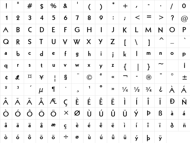Geometr231 BT Bold  glyph index