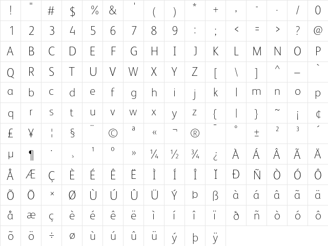 FSAlbert Thin  glyph index