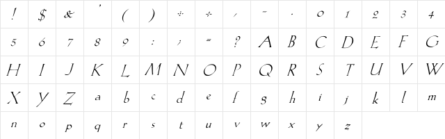 Lilith-Italic Regular  glyph index