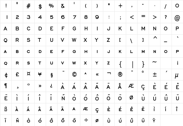 Chisel Condensed Bold  glyph index