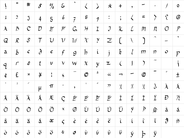 Drunken Calligrapher Regular  glyph index