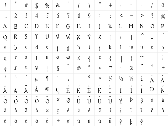 Freedom 9 Thin Normal  glyph index