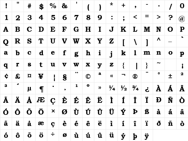 GE Booker Bold  glyph index
