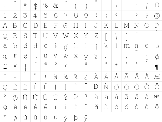 Kingthings Serifique Ultralight Light  glyph index