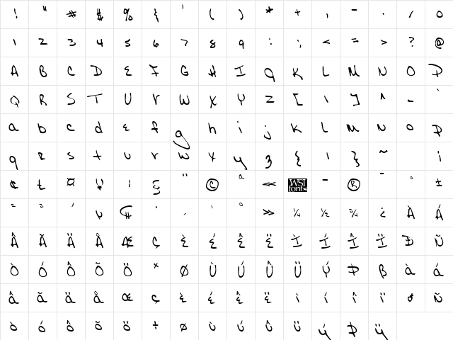 JolenesHand Regular  glyph index