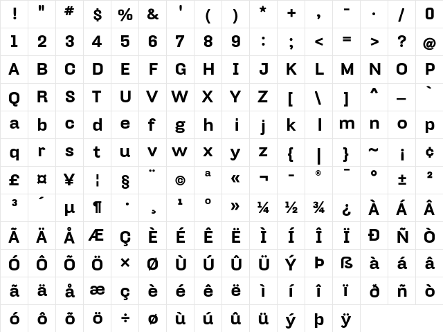 HydraText-Black Regular  glyph index