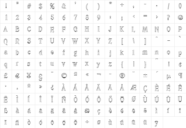 ThomasBeckerOutline Regular  glyph index