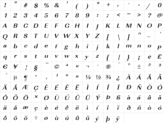 RicoBeckerExtended Bold Italic  glyph index