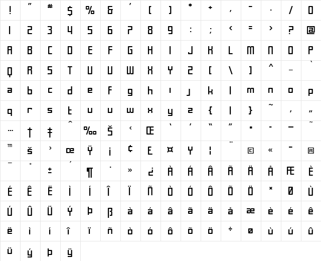 SF Laundromatic Extended Regular  glyph index