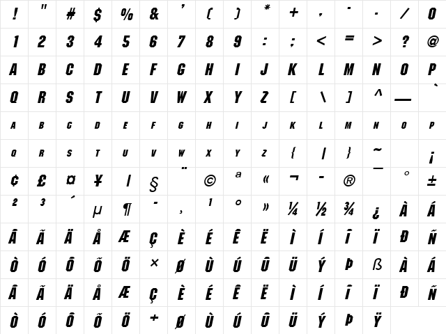 Block Bold Italic  glyph index