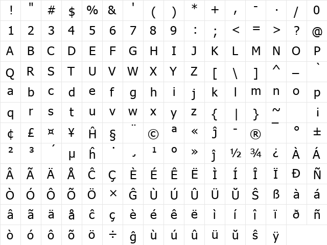 Tahoma Eo Regular  glyph index