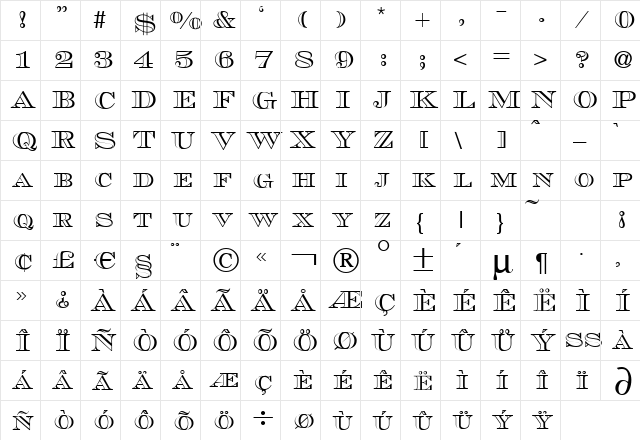 MauriceOutline Regular  glyph index