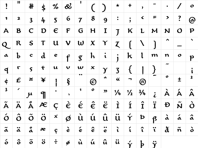 CarlinScript LT Std Medium Regular  glyph index