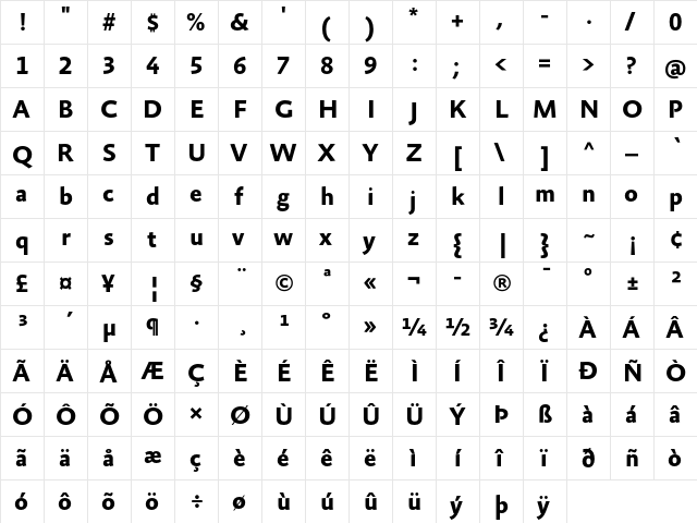 AbsaraSansTF-Bold Regular  glyph index