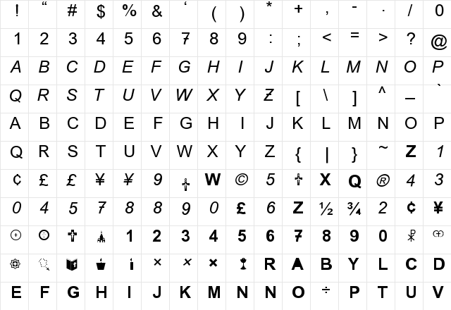 Print Arty Regular  glyph index