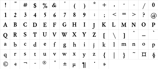 MyslC Bold  glyph index