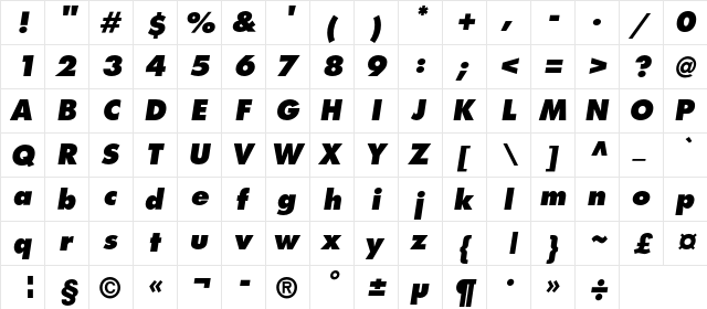 FavoritExtraBold Italic  glyph index