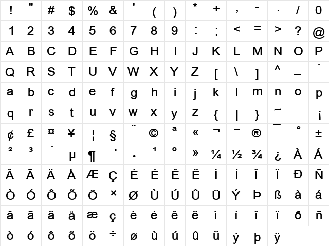 Amaro Arial Bold  glyph index