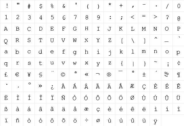 EscapeTypewriterC Regular  glyph index