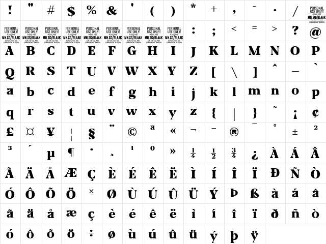Blaak Black PERSONAL USE Regular  glyph index