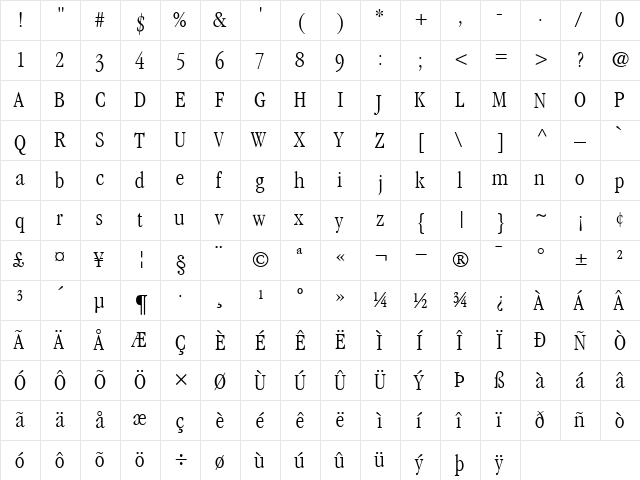 ITCGaramond-CondensedLight Light  glyph index
