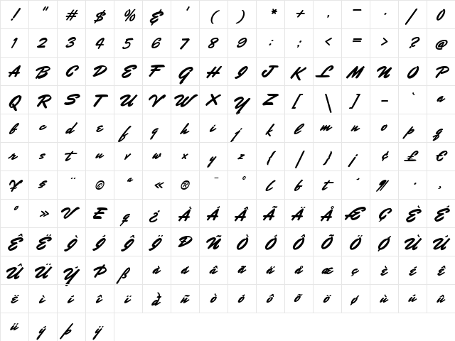 Mr Stalwart Regular  glyph index