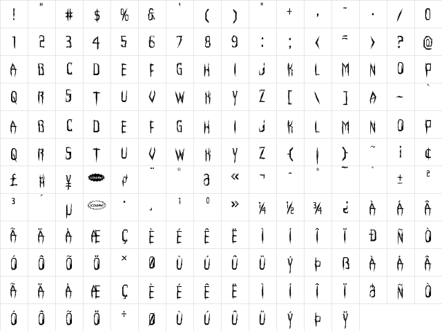 Horroroid Staggered Regular  glyph index
