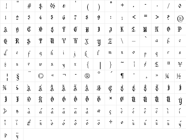 Blackstone_Hand Regular  glyph index