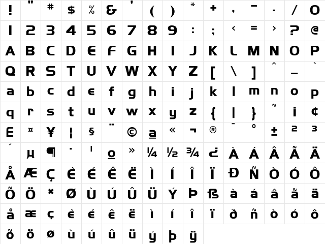 HighlandGothicFLF Bold  glyph index