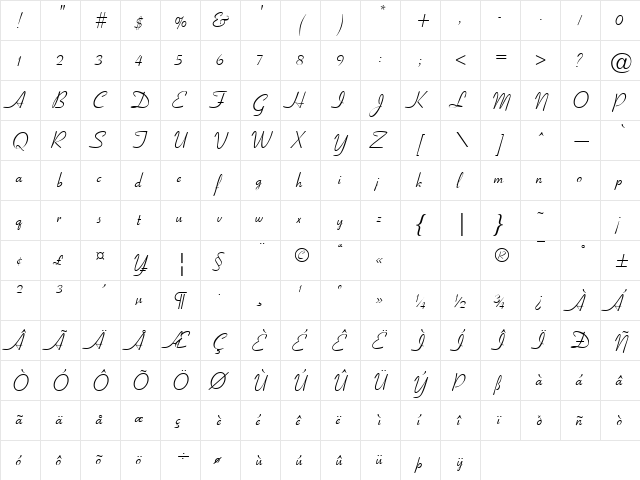 GE ElegantScript Regular  glyph index