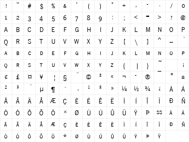 News Gothic Becker Caps Regular  glyph index