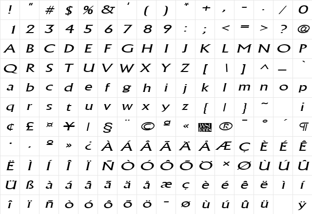 AlbertaWideLight Italic  glyph index